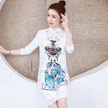 

High Quality Sweet Cute Printed Cheongsams Chinese Style Dress for Girl Black White Fashion Improved Qipao Dress Summer Autumn
