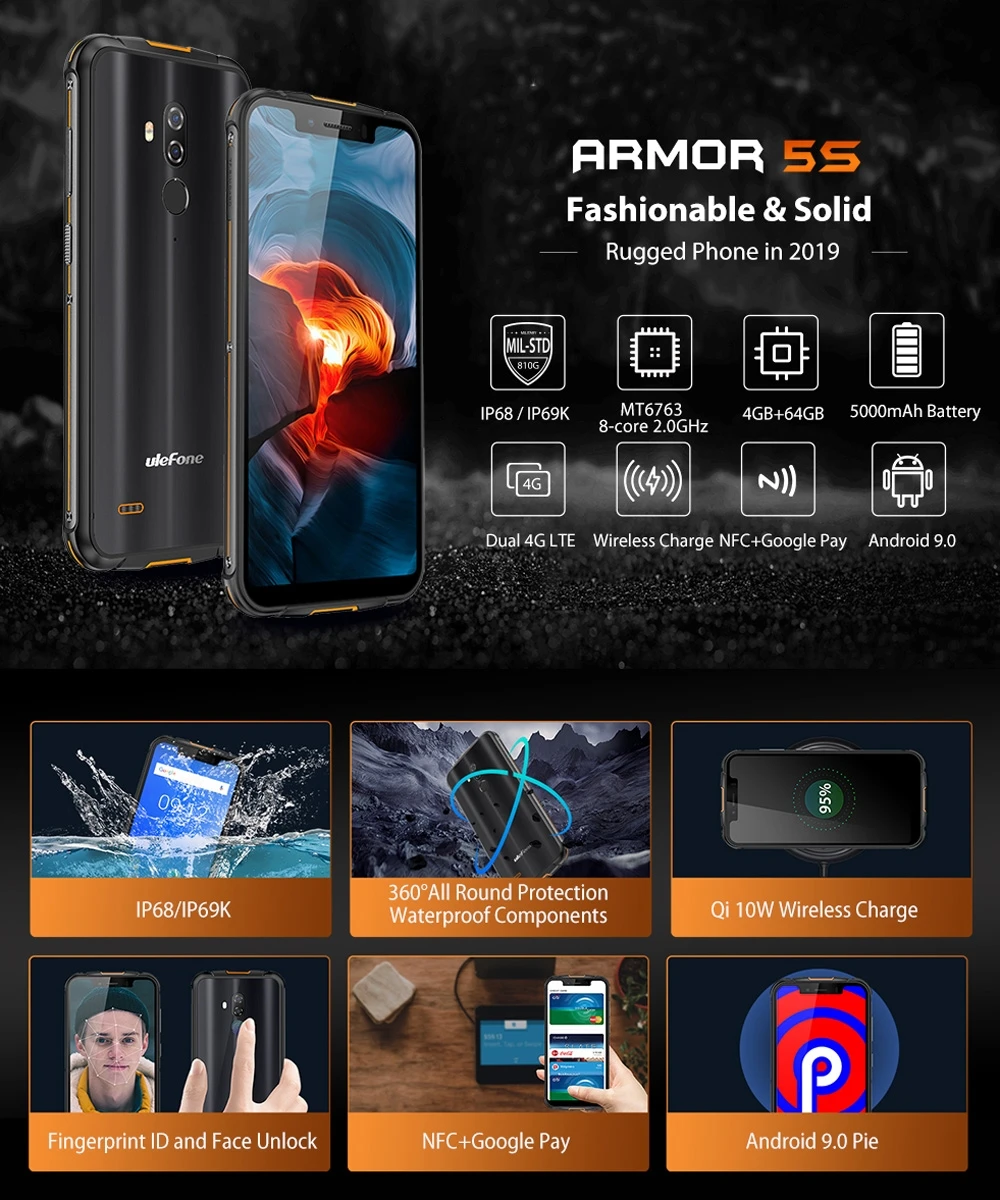 Ulefone Armor 5S прочный мобильный телефон Android 9,0 Pie 5,8" ips MTK6763 Восьмиядерный 4 Гб+ 64 Гб Смартфон OTG NFC Беспроводная зарядка 4G