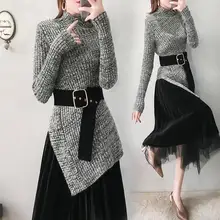 С поясом, высокое качество, женские Необычные свитера, длинные юбки, костюмы, винтажная юбка, элегантные женские комплекты из двух предметов, CC388