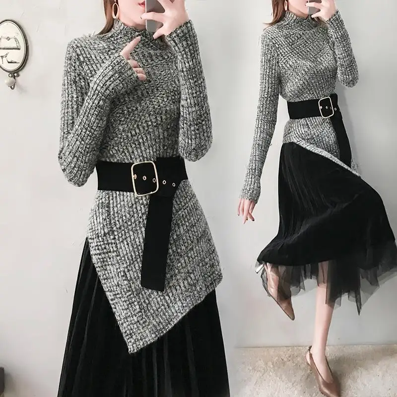 

With Belt HIGH QUALITY Women Irregular Turleneck Sweaters Long Skirts Suits Vintage Skirt Sets Elegant Woman Two Pieces CC388