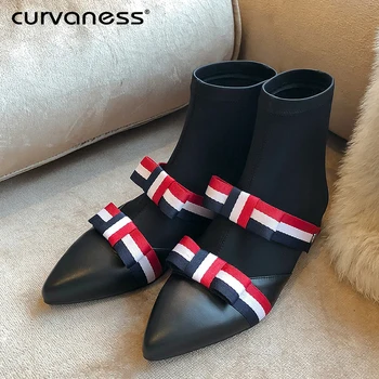 

Curvaness Fashion Ankle Elastic Sock Boots Chunky Low Heels Stretch Women 2019 Autumn Sexy Booties Pointed Toe Women Boot