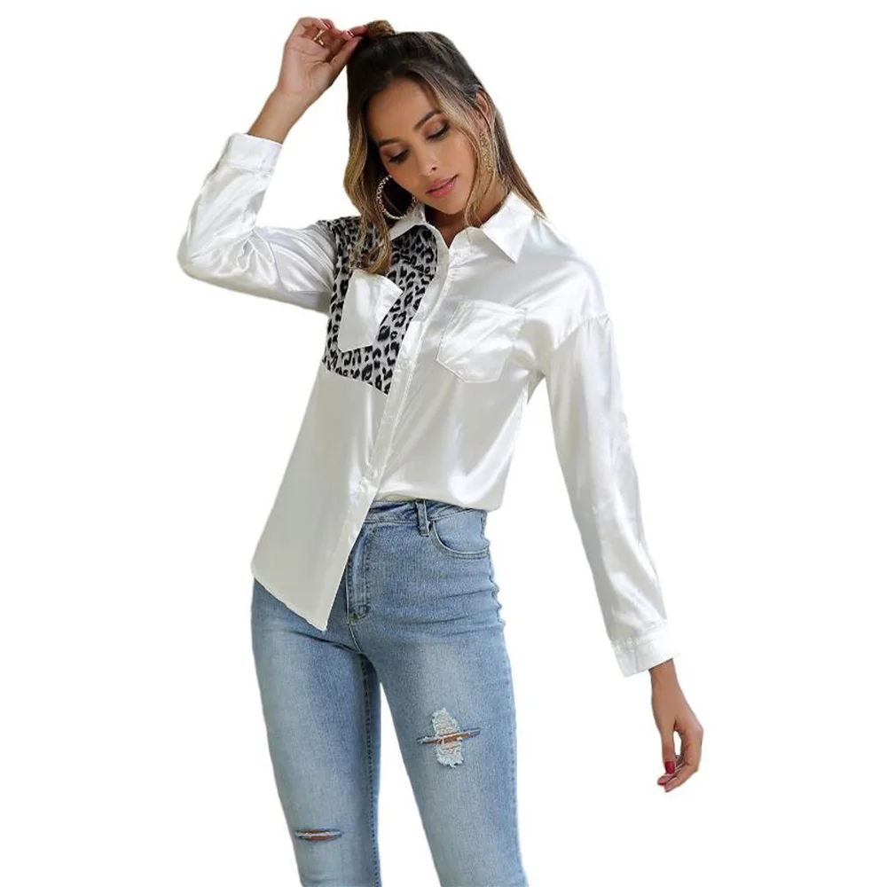 

Women Stitching Color Shirt Leopard Print New Tops Long Sleeve Fashion Wild Blouse Turndown Collar Button Ladies Spring Shirts