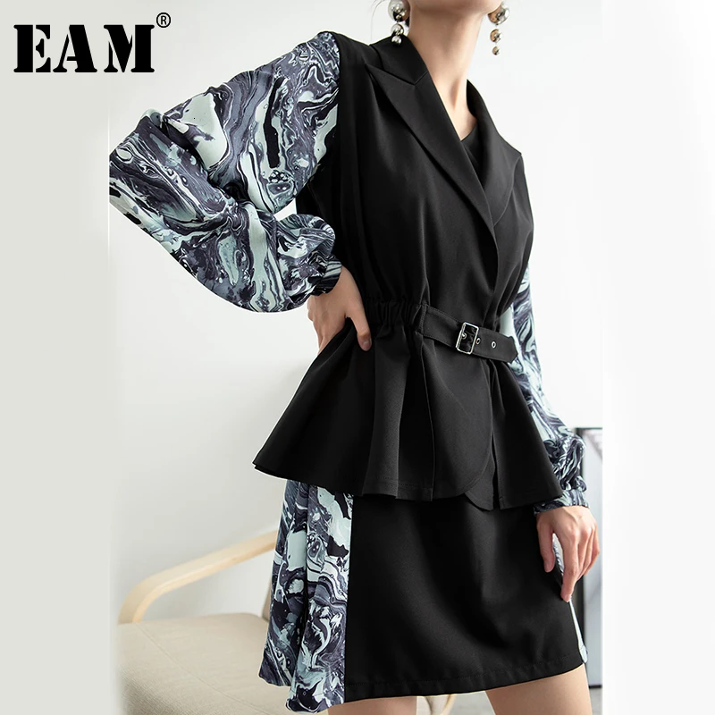 

[EAM] Women Pttern Printed Temperament Dress New V-Neck Long LanternSleeve Loose Fit Fashion Tide Spring Autumn 2020 1B961