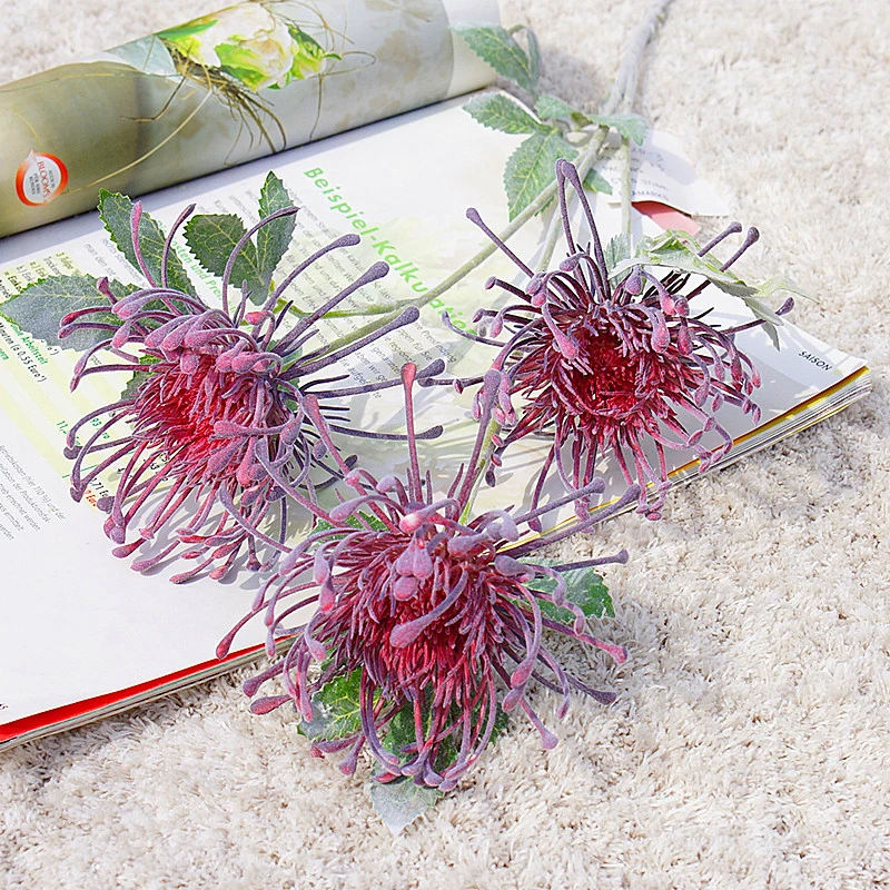 

70cm/27.56in 3 Head Branch Leucospermum Artificial Flowers for Home Wedding Decoration Chrysanthemum Decor Simulated Plants DIY