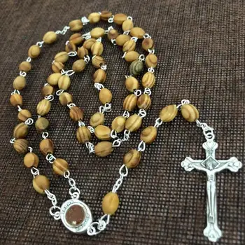 

100pcs/set 8*6mm catholic natural olive wood necklace for religious use containing terra soil