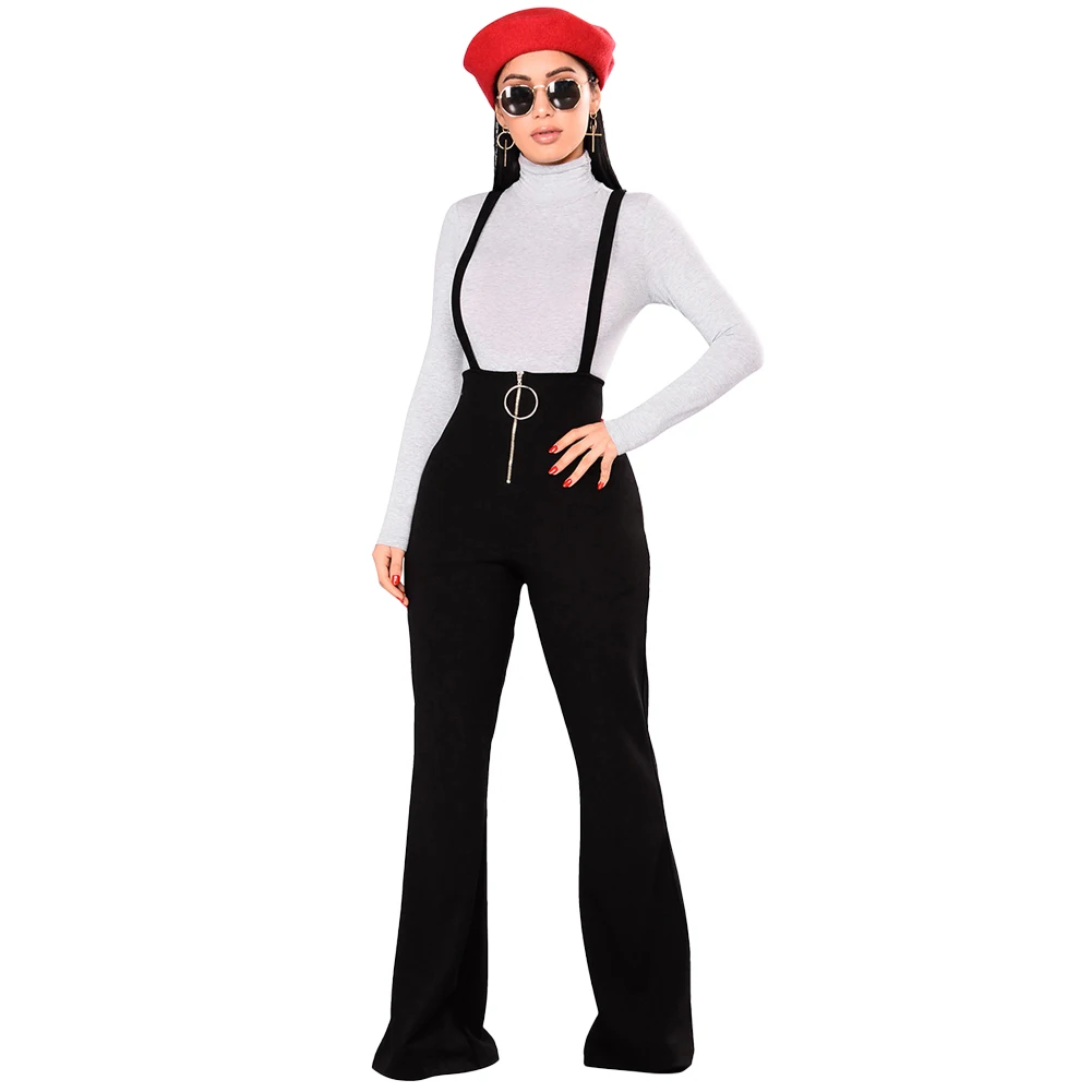 

2019 Summer Autumn Women Dungarees Overalls Bell-bottomed High Waist O-ring Zipper Front Flared Casual Jumpsuits Pants Trousers
