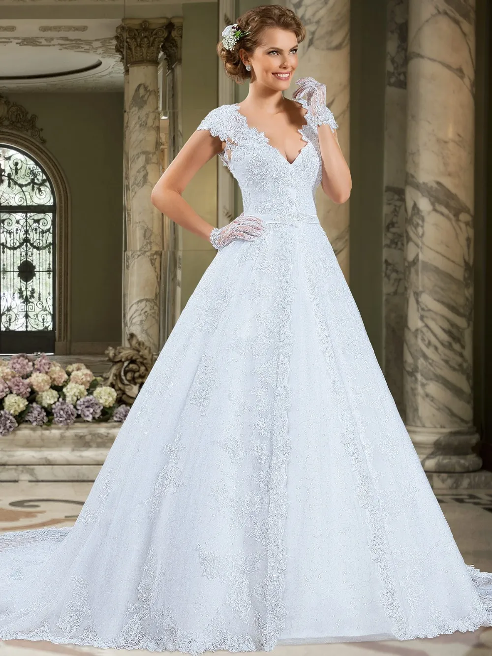 

Stunning A-Line V-Neck Cap Sleeve Vintage Lace 2018 Hot Sweetangel Robe De mariage Vestido De Noiva mother of the bride dresses