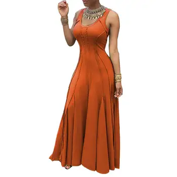 

Hot apparel Party Women Sexy Solid Color Sleeveless Round Neck Pleated Slim Fits Maxi Dress