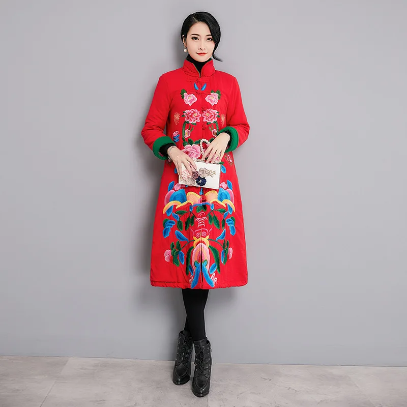 

Winter New Style Cotton Linen Embroidered Large Size Ethnic-Style Mid-length Cotton-padded Clothes Retro Frog Women Jacket Overc