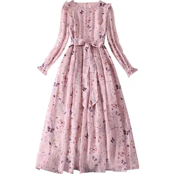

Pink Floral Dress Midi 2020 Spring Women's New Round Neck Flare Sleeve Chiffon Printed A-Line Elegant Dress Over The Knees