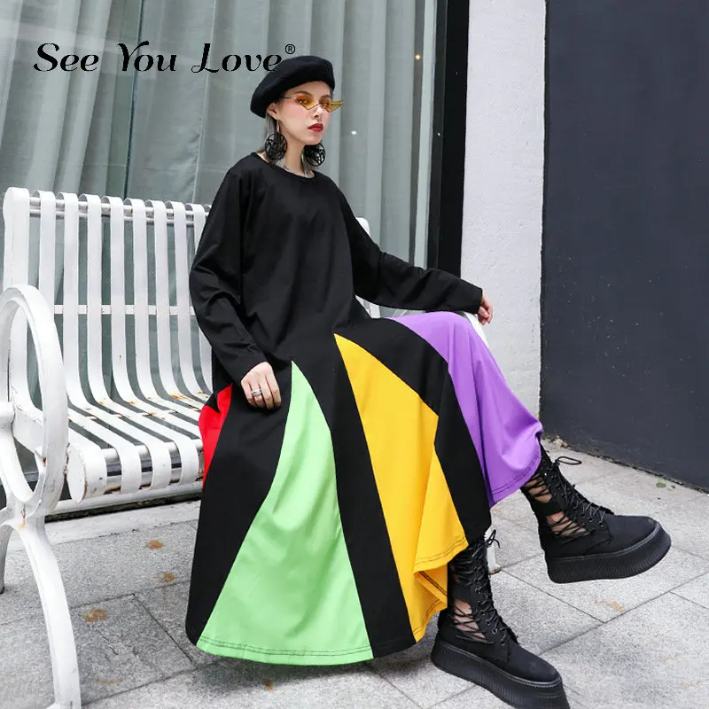 

See you love Women Colorful Striped Hem Big Size Dress New Round Neck Long Sleeve Loose Fit Fashion Tide Spring Autumn 2019