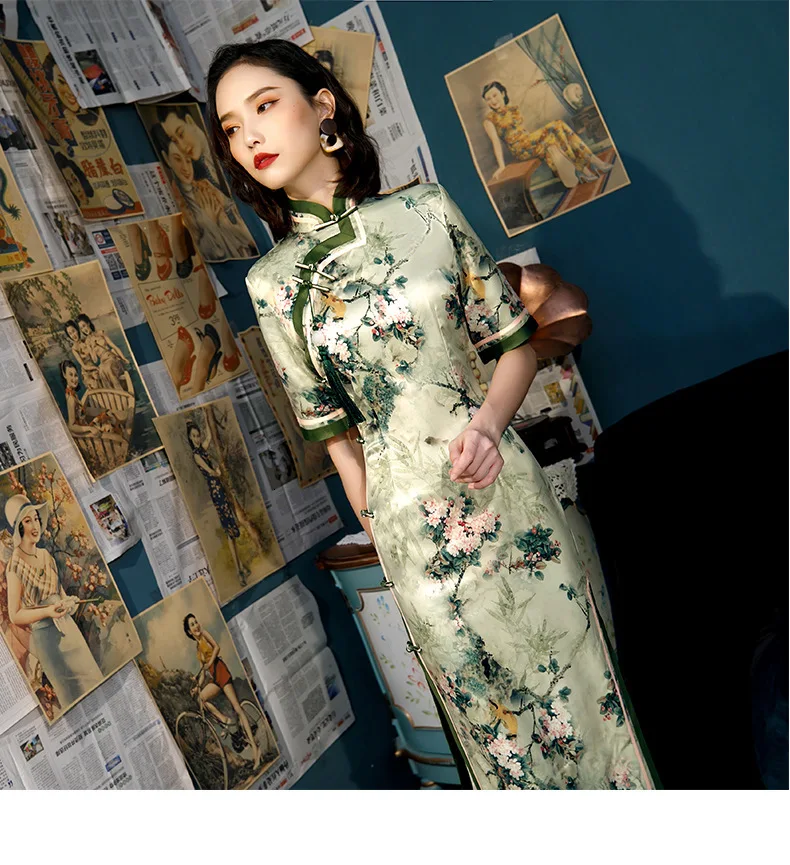 Sheng Coco Plus Size Silk Broadside Cheongsam Dresses Retro Printing Long Qipao Casual Green Ladies Chinese Cheongsam Dress 4XL