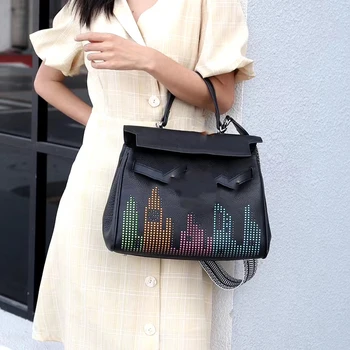 

34cm leather H KL bag new version rivet hollow 2020 fashion handbag head layer cowhide messenger bag large capacity