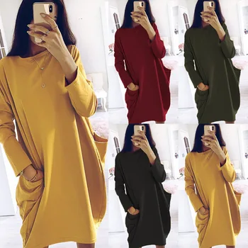 

Daily OWLPRINCESS 2019 New Long Sleeve Loose Pocket Dress Solid Color round Neck Dress