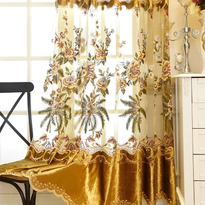 

Европейская роскошная оконная занавеска для Гостиная спальня бархатные вышитые цветочные Тюль затемняющие высокого качества золотистого и зеленого цвета