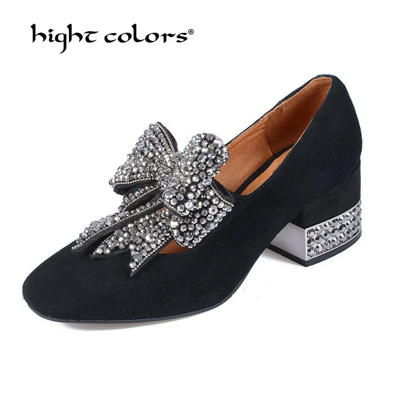 

Bow Crystal kitten suede diamond Pumps size 34~39 european medium heels black rhinestone kawaii Square toe shoes women Xds9-57