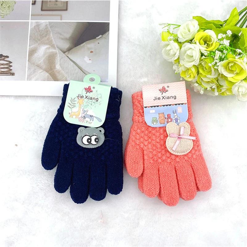 3-8 Years Kids Gloves Cartoon Bear Boys Girls Glove Winter Knitted Mitten Warm Thicken Mittens Velvet Thick Keep Finger Warm baby essential 