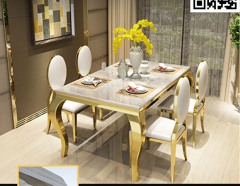 Nordic luxury marble dining table rectangular size apartment post-modern minimalist stainless steel dining table and chair combi