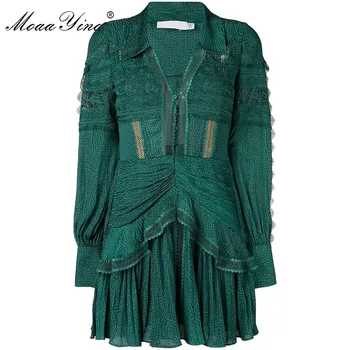 

MoaaYina Fashion Designer Runway dress Spring Summer Women's Dress Long sleeve V-neck Lace Ruffles Sexy Party Mini Dresses