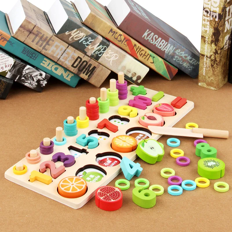 

Wooden Children Cut Fruit Three-in-One Numbers Board with Numbers Color Cognitive Shape Matching Early Childhood Educational For