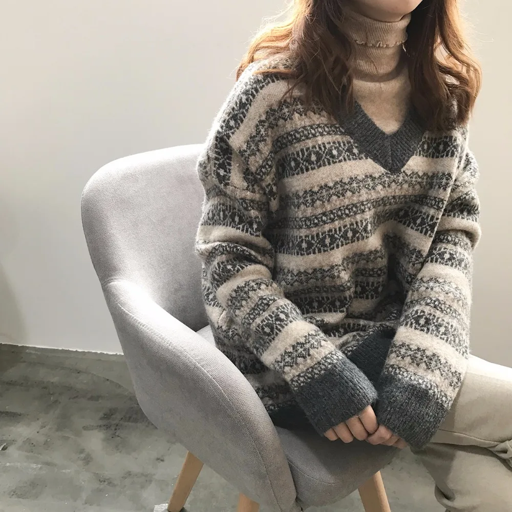 Зимний ленивый свободный свитер для женщин с v-образным вырезом Harajuku узор пуловер Трикотаж Morigirl стиль вязаные свитера Smart casual