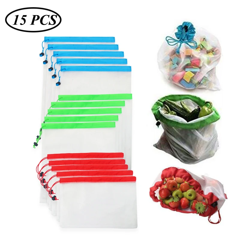 15 шт./партия многоразовые сетки производят сумки моющиеся экологически чистые сумки для продуктовых магазинов хранения фруктов овощей игрушки мешок для мелких предметов