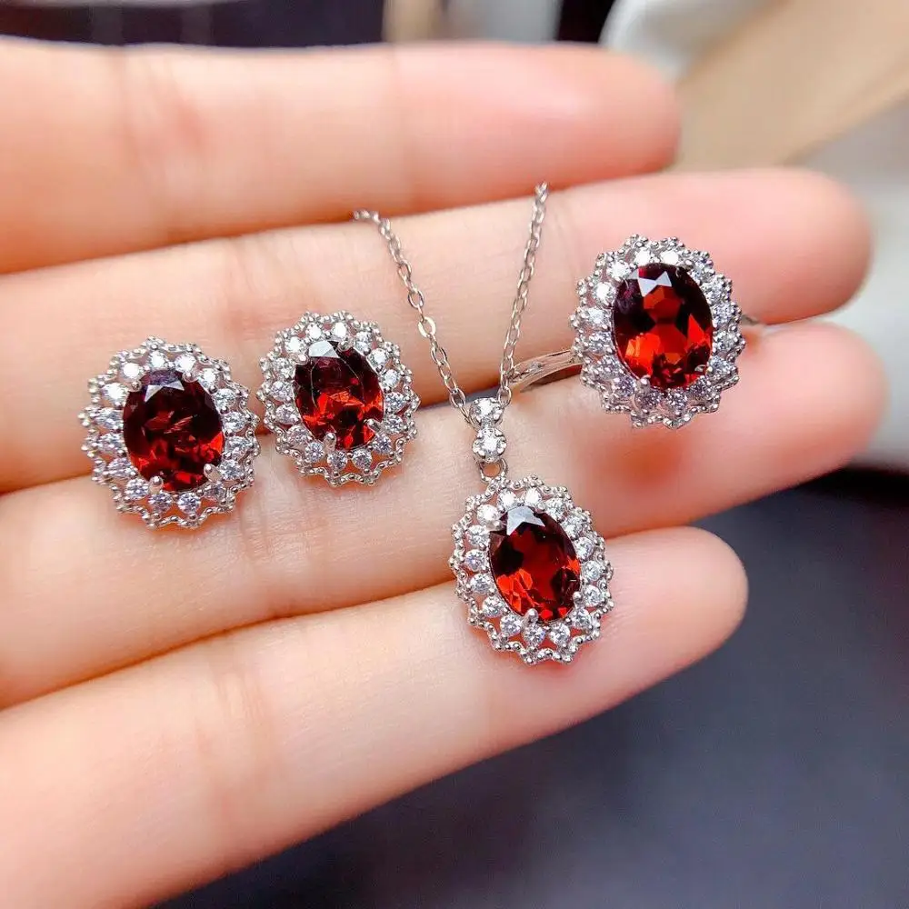 

New Natural Garnet set jewelry Gemstone Ring Earrings Pendant Necklace Fine Wedding Jewelry Set For Women