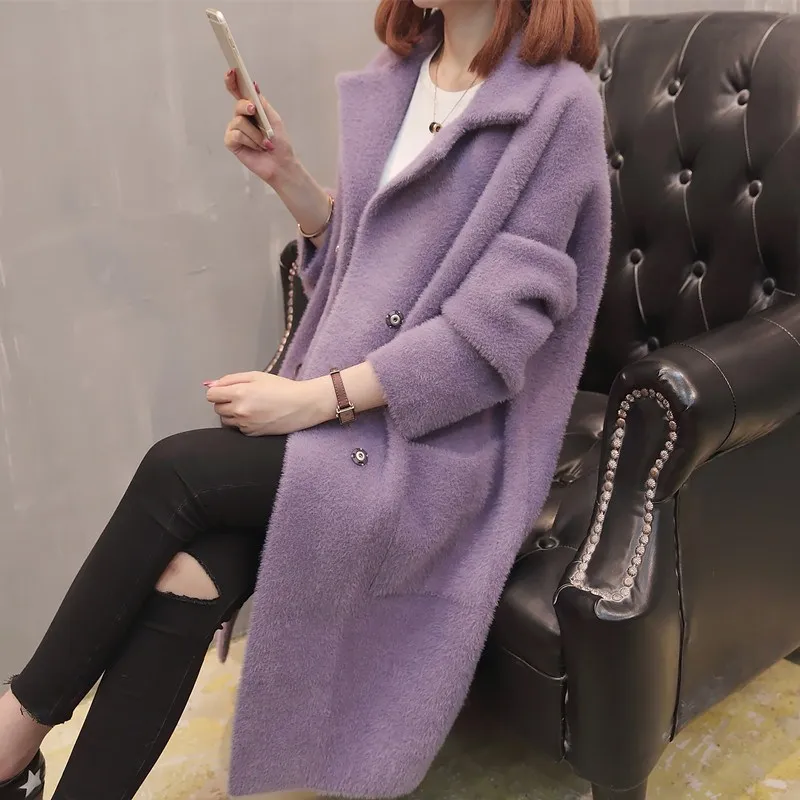 Purple Осенне-зимний универсальный свободный Harajuku ветровка длинный свитер кардиган пальто Толстые женские трикотажные кофты - Цвет: Purple