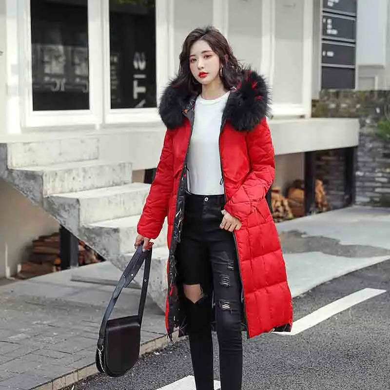 Женская куртка зимняя с принтом зимняя Двусторонняя одежда парка пальто толстая теплая большой меховой воротник Повседневная парка с капюшоном куртка - Цвет: Красный