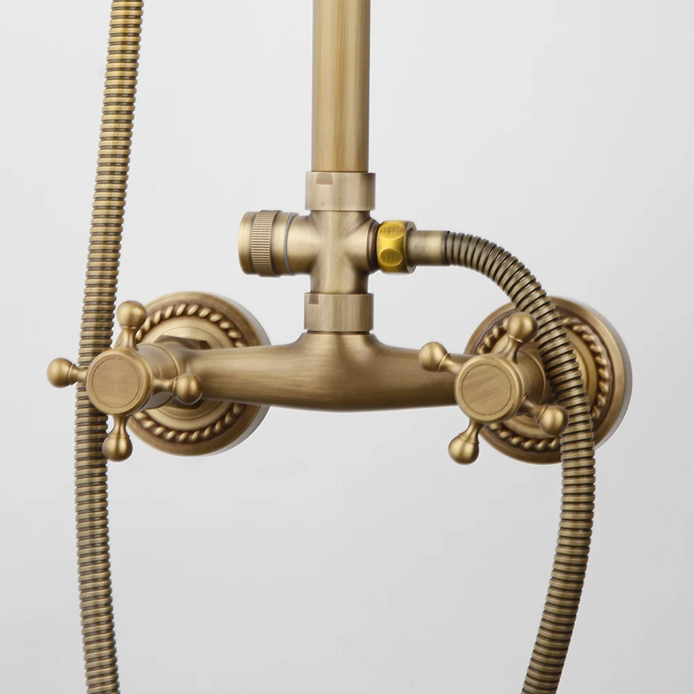 Description Picture 3 of itemMonite Antique Brass Bathroom Shower Faucet Set Wall Mount Rainfall 8 Inch Round Head 2 Functions Hand Shower Mixer Tap w/ Shelf