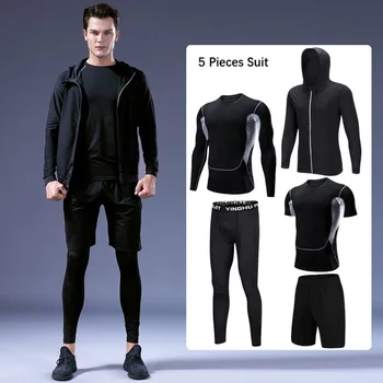 

Crocosport men Running Gym Suit Marathon Athletic training Sport Top Short Hooded Leggings Suit Fitness Workout Quick Dry 5piece