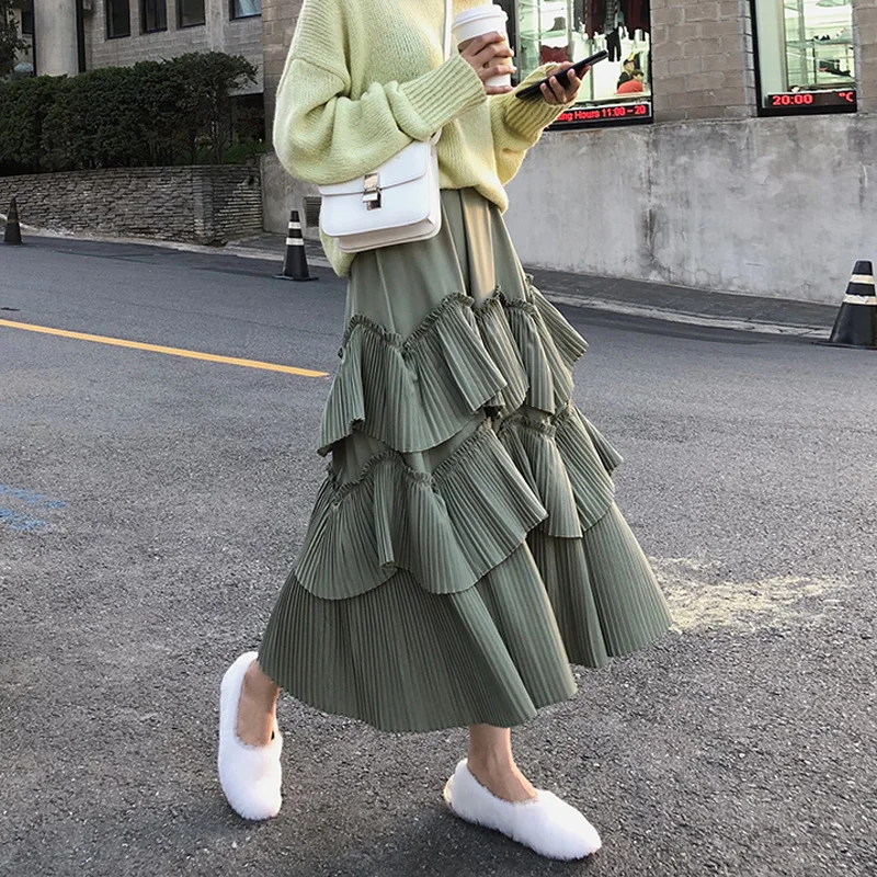 

Elegant Green Summer Skirt Elastic Waist Women Pleated Ruffles Long Skirts A-line feminino Faldas Saias Jupe 2019 Mujer Skirts