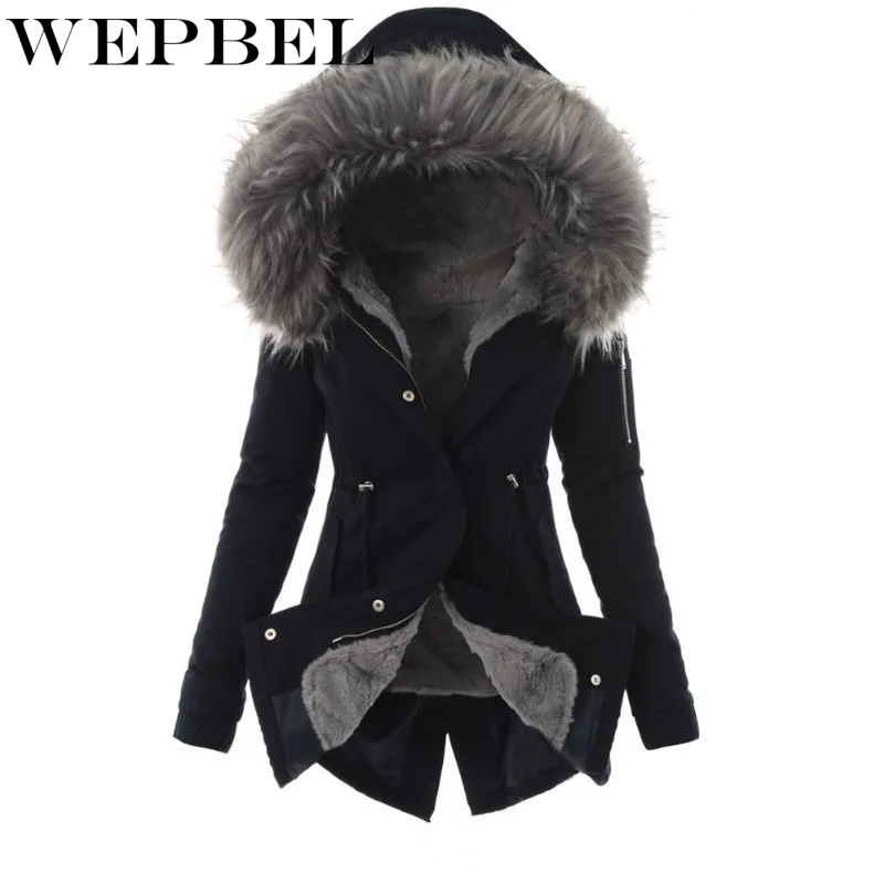 

WEPBEL Women's Casual Long Sleeve Single Breasted Slim Plush Zipper Parkas Winter Solid Color Slim Fit Patchwork Warm Jacket