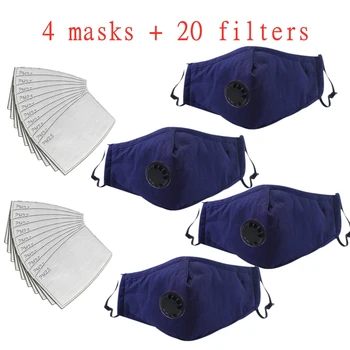 

4PCS Mask 20PCS Filters Respirator mask Face Breath Valve Activated carbon filter PM2.5 Face Mouth Mask Cotton Cloth