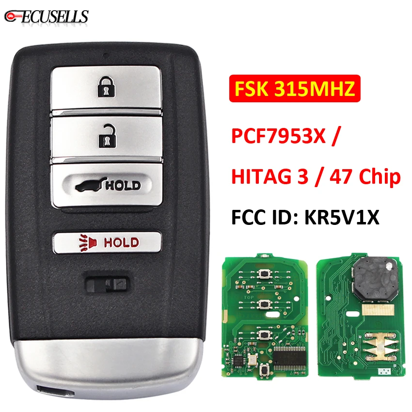 3+1/4 Button Smart Remote Key (SUV) FSK 315Mhz PCF7953X / HITAG 3 47 Chip FCC ID: KR5V1X for Acura MDX RDX HON66 Uncut Blade | Автомобили