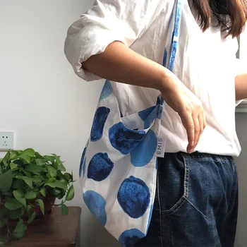 

Homemade Blue Big Polka Dot Single Layer Canvas Bag Floral Bag Sea Salt All-match Thin Fresh Summer Shoulder Bag Shopping Bags