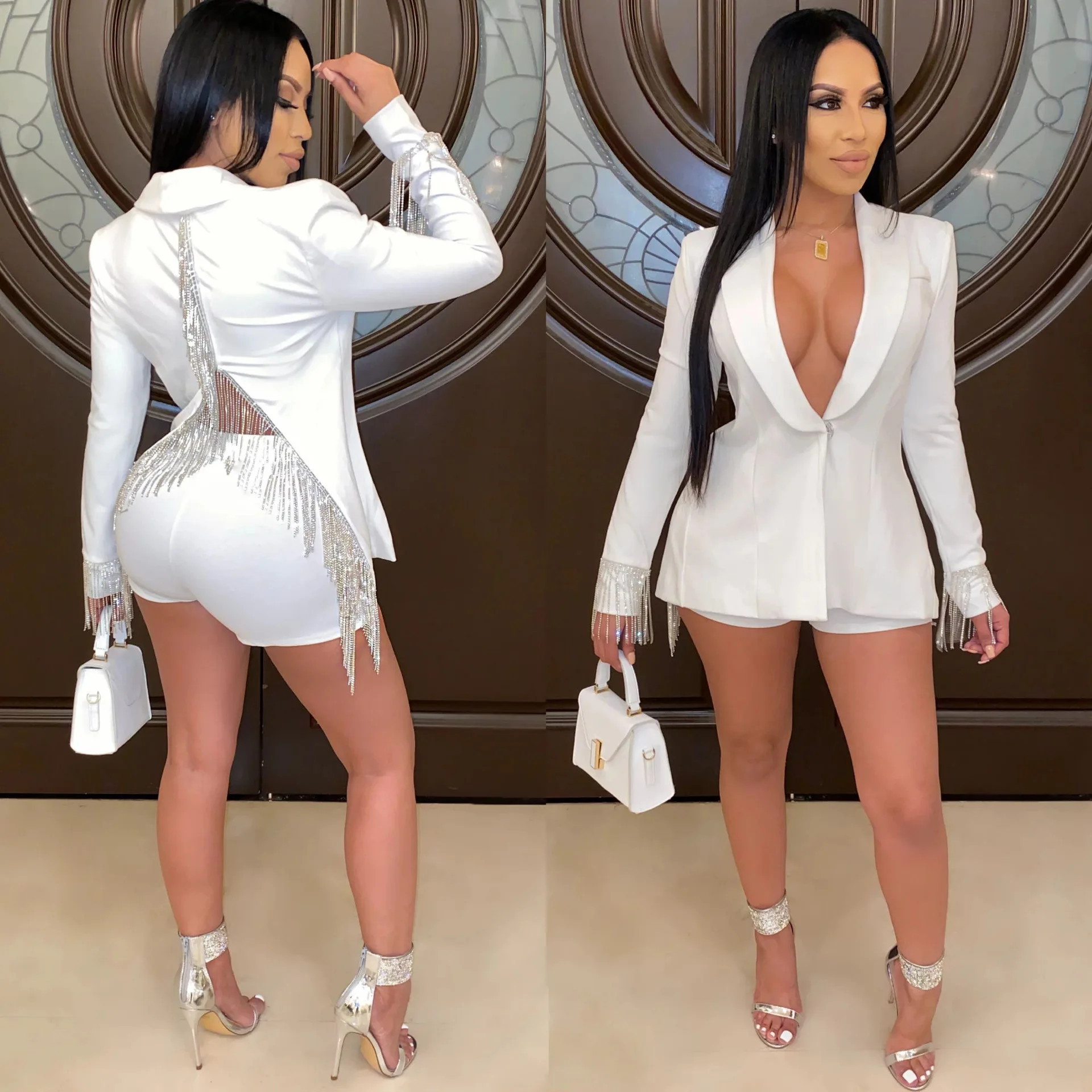 Echoine Autumn blazer set Two Piece Set Tassel Back Split Blazer Jacket Women V-neck women suits Sexy Club Shorts Matching Set