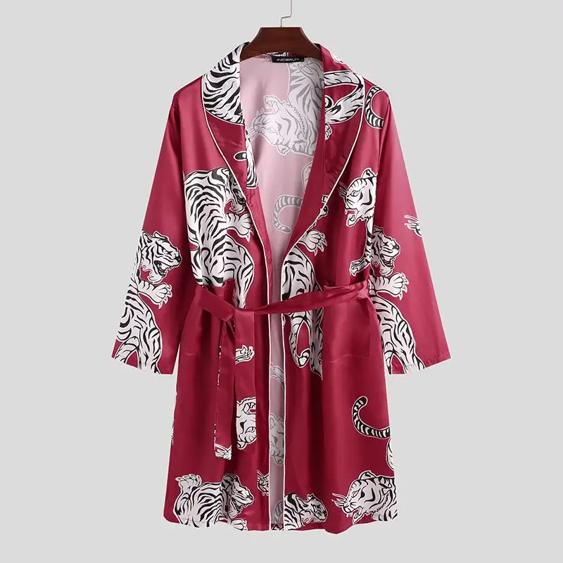 Мужские халаты с принтом, длинный рукав, искусственный шелк, атлас, нагрудные карманы, кимоно, 2019, одежда для сна, модная повседневная