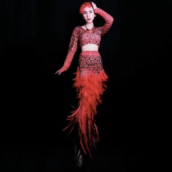 

Red Feather Rhinestone Dress Sexy Stretch Evening Dress Women Gogo Dance Stage Costumes Prom Birthday Celebrate Dresses SL031