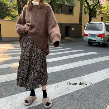 

2020 New Vintage Floral print Ruffle pleated long skirts winter women korean streetwear elastic waist midi