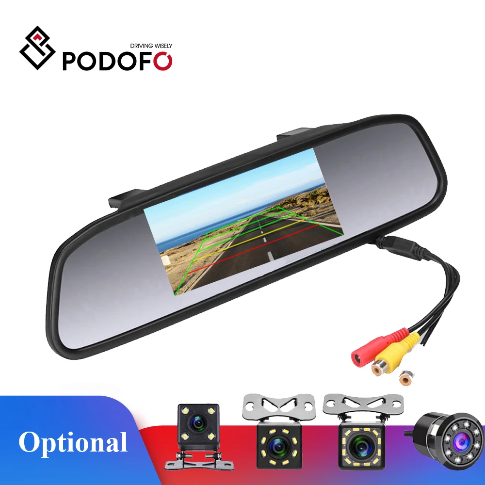 

Podofo 4.3" TFT LCD Car Parking Rearview Mirror Monitor 2 Video Input For Rear View Camera 8 LED Night Vision Reverse Camera