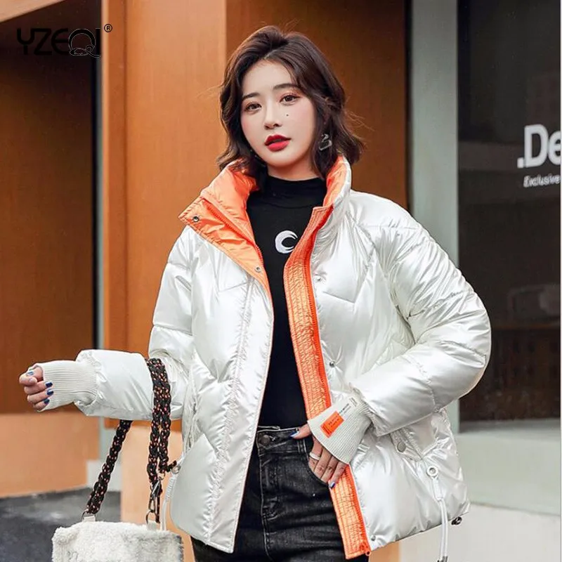 

Yzeqi Winter Jacket Glossy Loose Casual Women Casual Cotton-padded Jacket Ladies Stand Collar Warm Thick Puffer Coat Down Parkas