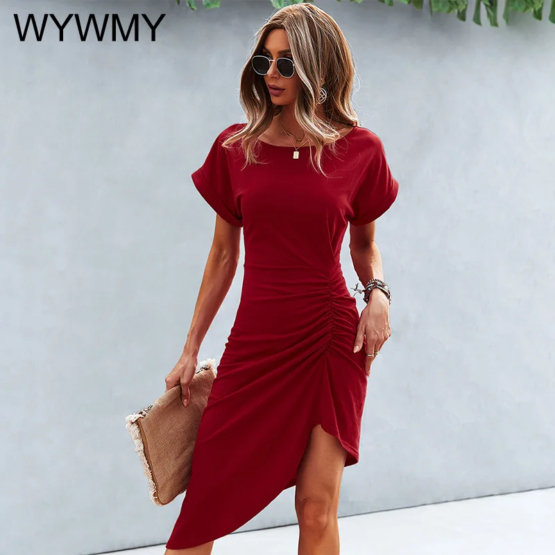 

WYWMY Elegant Irregular pleated Dress Women 2022 Summer Split Midi Dress Fashion Casual Short Sleeve Party Dress Red Vestidos