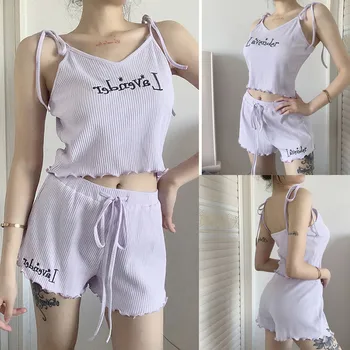 

Women 2 piece set Summer Women Girls V-neck Letter Embroidery Bandage Sleeveless Shorts Home Wear Suit Female Outfit set