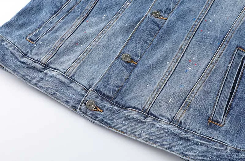 Men Ripped Denim Jackets With Rivet Dot Painted Jeans Jackets Outwear For Man Washed Streetwear  (1)