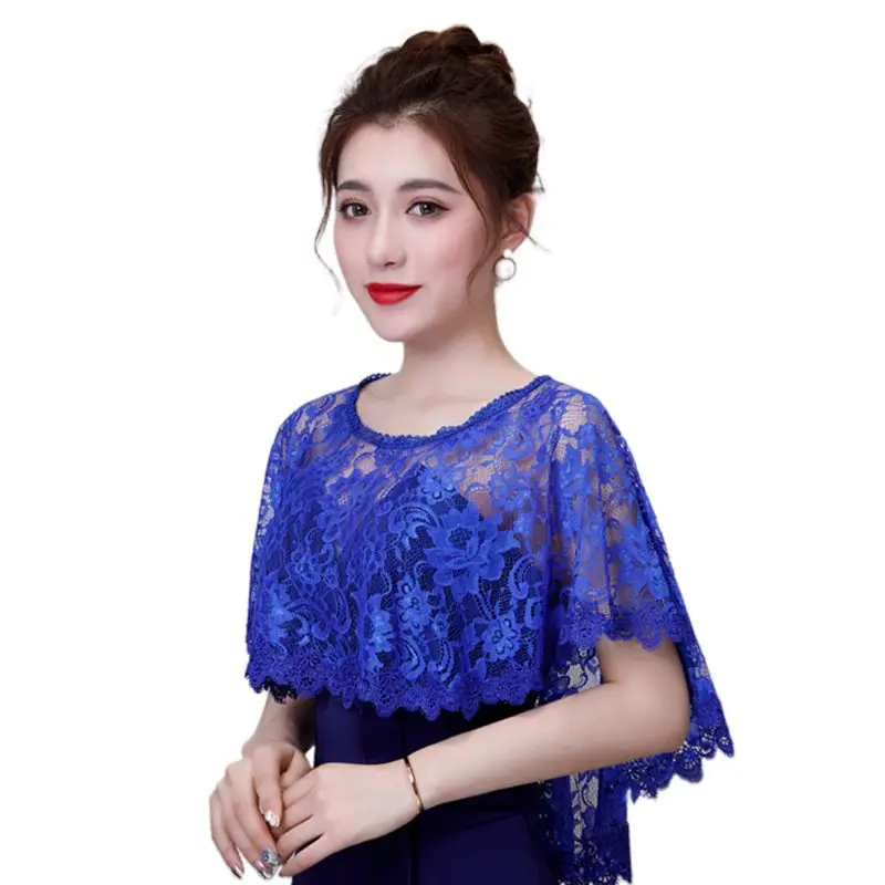 Royal Blue Женский винтажный полный цветочный кружевной плащ браслет из натуральной кожы шеи крючком полупрозрачная шаль болеро сплошной цвет Лето Высокая Низкая Свадебная накидка Болеро - Цвет: Royal Blue