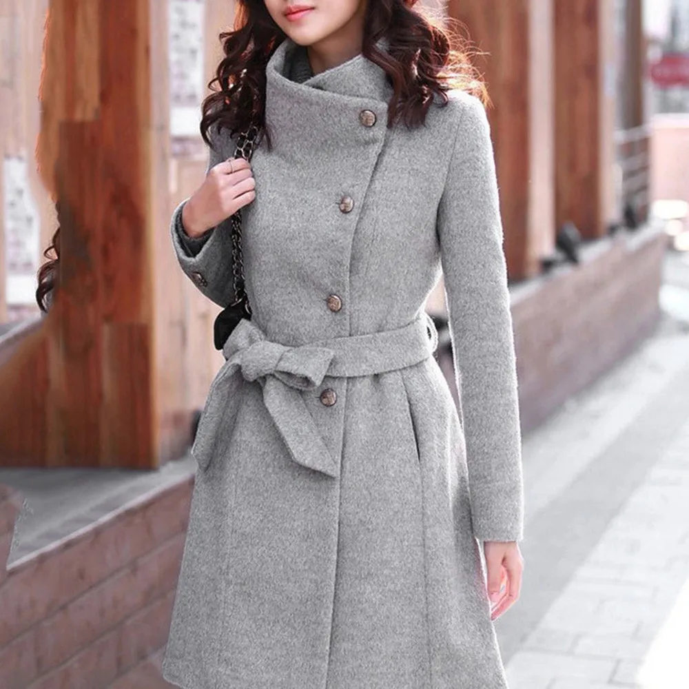 Зимнее женское пальто, модное, длинный рукав, с отворотом, однобортное, с карманами, с поясом, одноцветное, Шерстяное пальто, пальто, манто, OY40