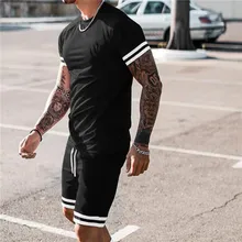

New Men Sets Male Clothing Sportswear Set Tracksuit Summer 2 Pieces Fitness Print Men Shorts+T Shirt Mens Casual Suit Plus Size