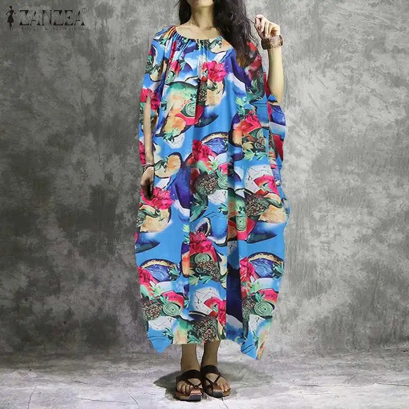 Kaftan летнее макси платье с принтом, Женский плиссированный сарафан, ZANZEA, Повседневная Туника с коротким рукавом, Vestidos размера плюс, Цветочный Халат