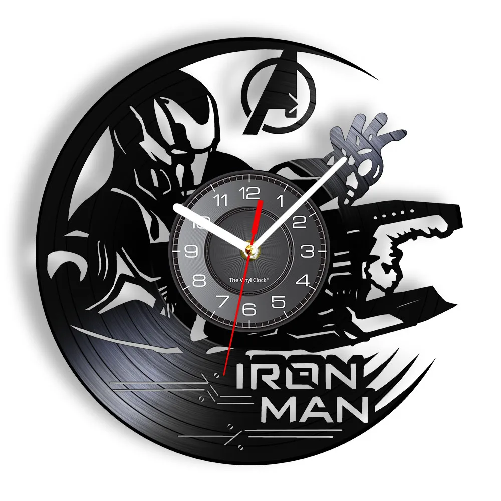 Tony Stark Super Hero Vinyl CD Disc Wall Clock Avenger Vintage Vinyl Album Record Clock Comics Art Decor Silent Watch Kids Gift quartz wall clock Wall Clocks